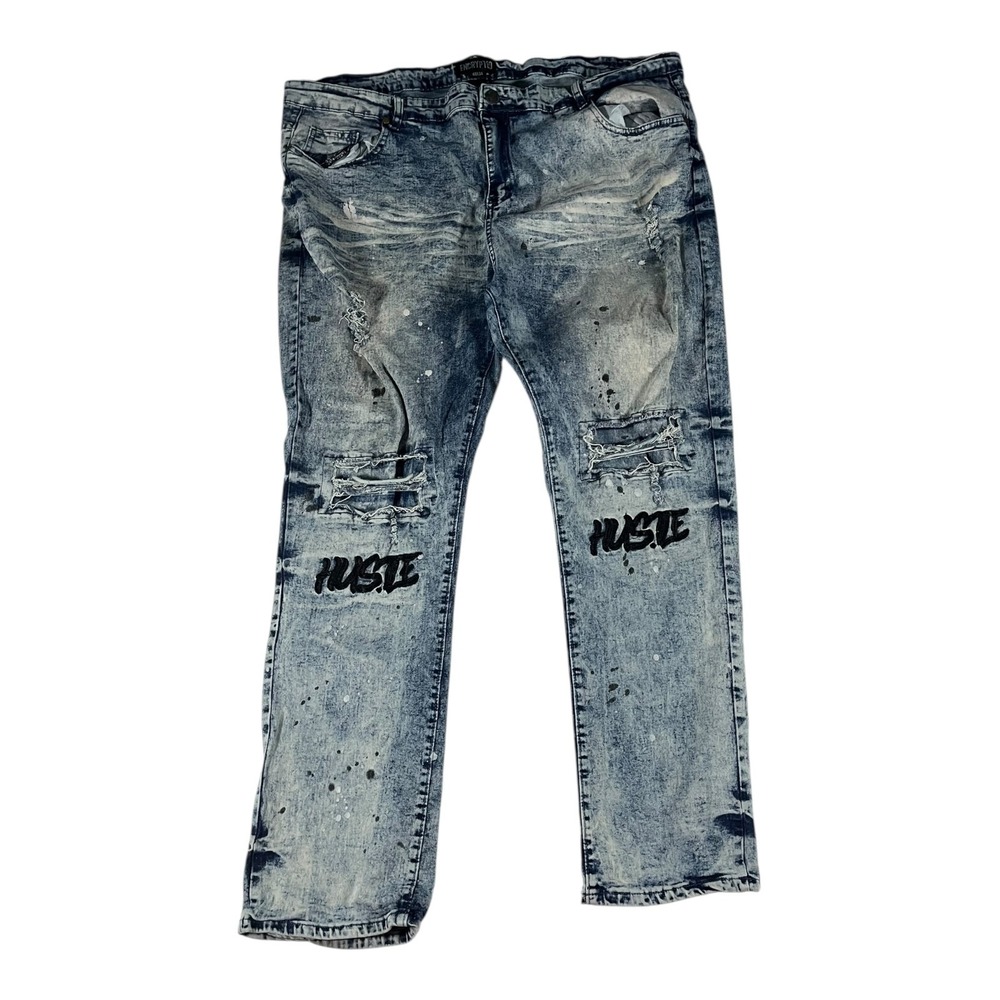 Encrypted Men's Distressed Denim Jeans 'Hustle' Embroidered Ripped Wash